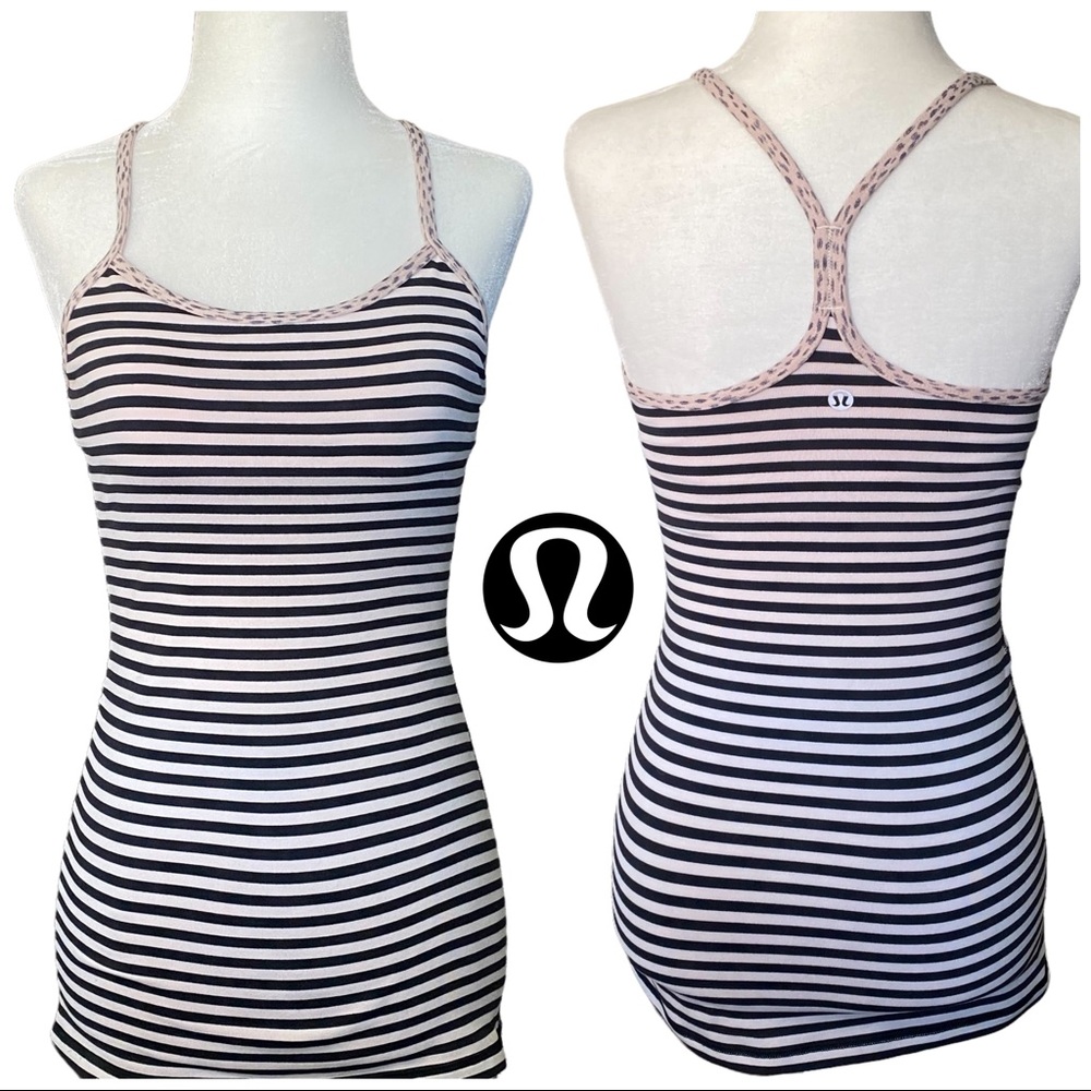 Lululemon Light Pink & Black Striped Racerback Tank Top w/ Built in Bra 4